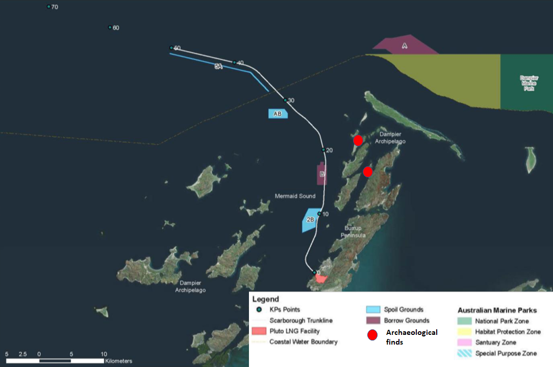 Scarborough pipeline route and location of ancient Aboriginal artefacts