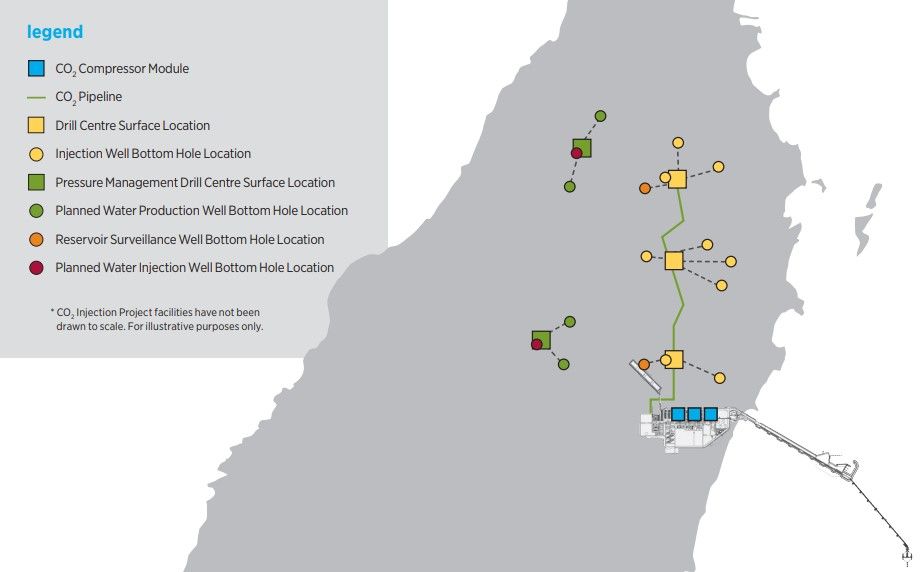 Map of CO2 injection facilities on Barrow Island for the Gorgon LNG project, including compressors and wells for CO2 injection, surveillance and pressure management.