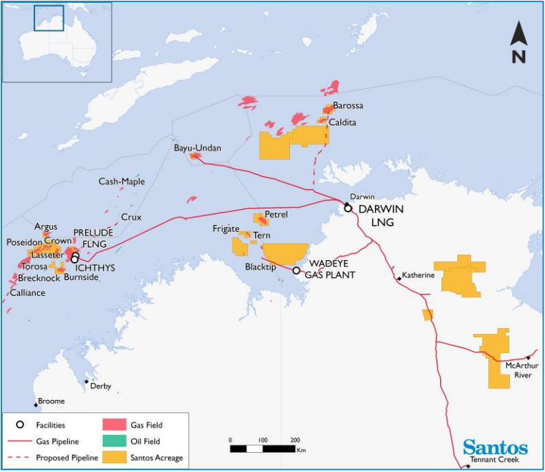 Santos map of gas fileds off northern Australia includiing Barossa, Bayu Undan, Prelude, Ichthys and Blacktip.