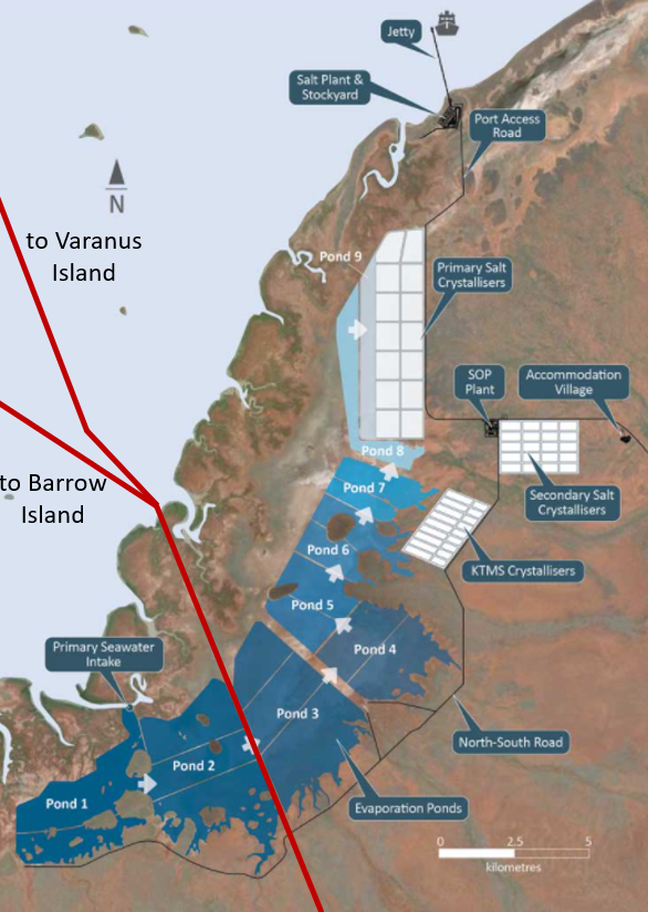 Map of the Gorgon gas pipeline from Barrow Island and pipelines from Varanus Island running through the proposed Mardie Salt project in North West Western Australia.