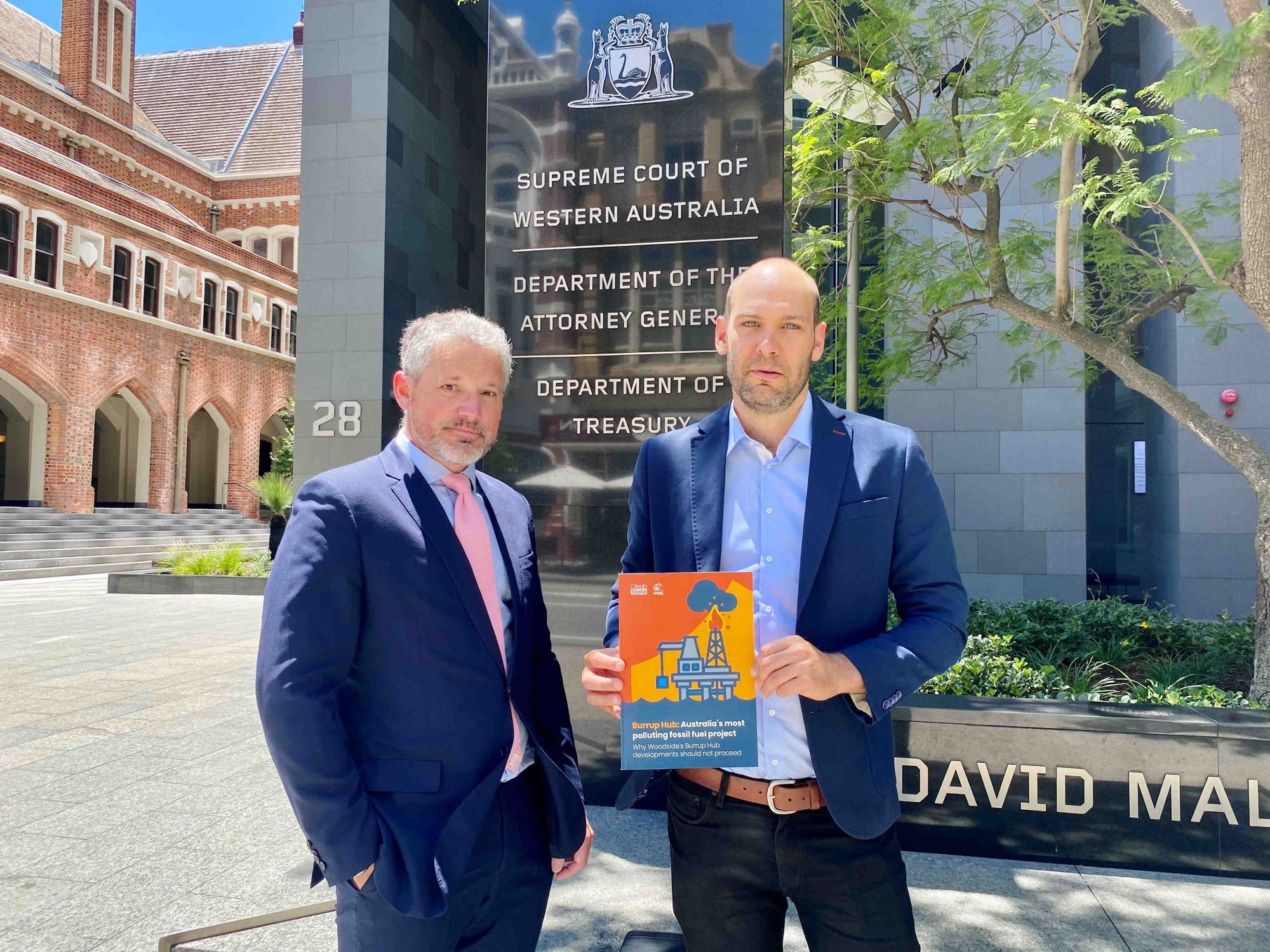 Environmental Defenders Office managing lawyer Tim Macknay and CCWA director Piers Verstegen outside the WA Supreme Court