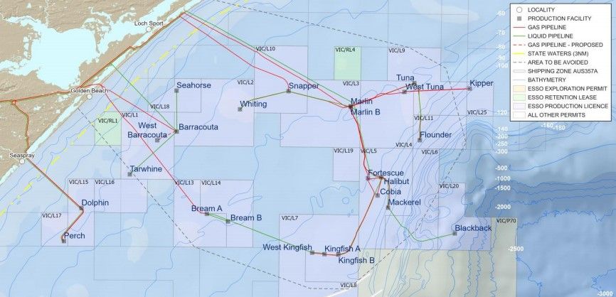 map of ExxonMobil's Bass Strait offshore oil and gas facilities