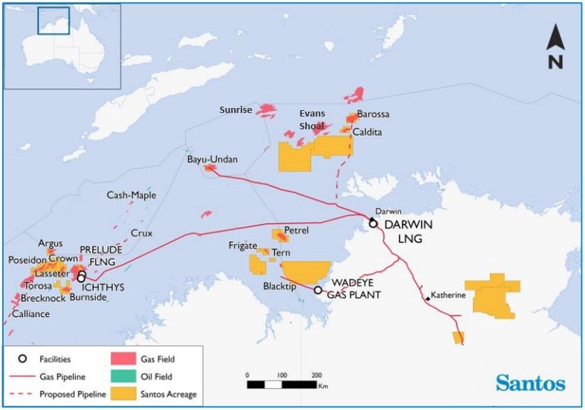 Santos map of gas fileds off northern Australia includiing Barossa, Bayu Undan, Prelude, Ichthys, Sunrise and Evans Shoal and Blacktip.