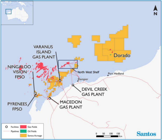 Map of Santos' interests offshore Western Australia including the Macedon, Devel Creek and Varanus Island gas plants, Ningaloo Vision and Pyrenees Venturer oil FPSO's and the Dorodo prospect.