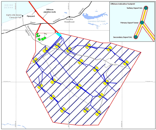 Detailed map of the site of the Asian Renewable Energy Hub in the Pilbara, Western Australia, showing lines of wind turbines, solar farms, transmission lines, ammonia plant and marine export facilities.