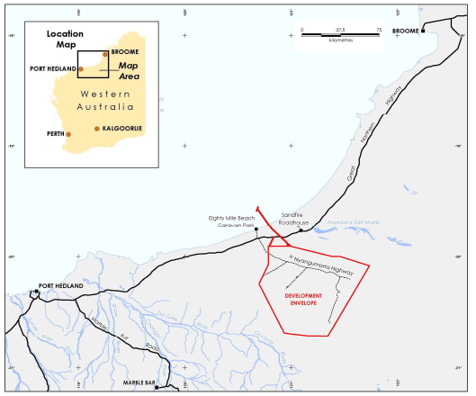 A map of the location of the Asian Renewable Energy Hub between Port Hedland and Broome in the Pilbara region of Western Australia, inland of Eighty Mile Beach.