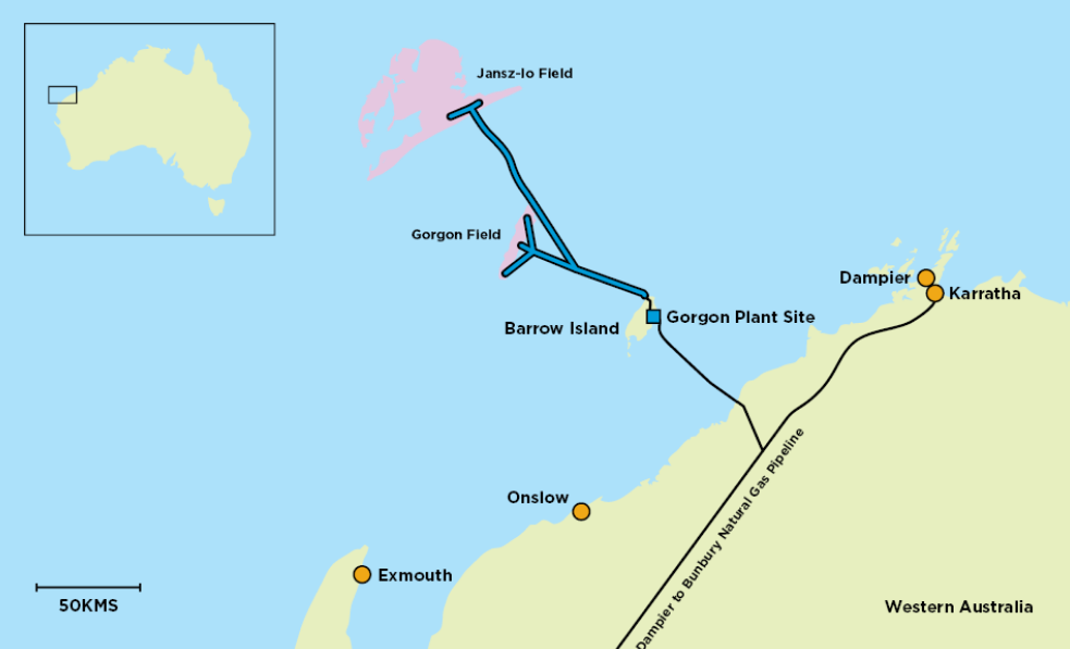 Map showing the Gorgon and Jansz-Io gas fields off north west Australia connected to Chevron's Gorogn LNG plant by subsea pipelines.