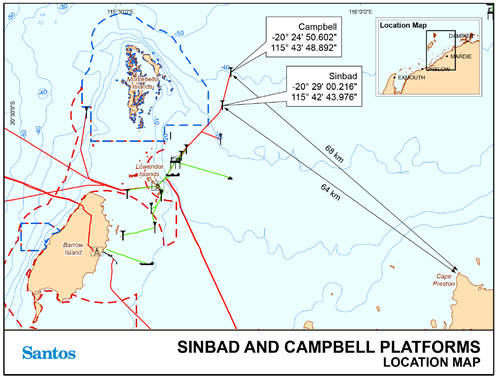 map of the location of the Sinbad and Campbell oil platforms off the coast of Western Australia