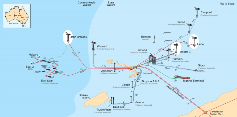 Map of Santos facilities near Varanus Island off the WA coast.