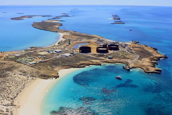 Aerial view of Santos' oil and gas processing plant on Varanus Island off the Western Australian coast
